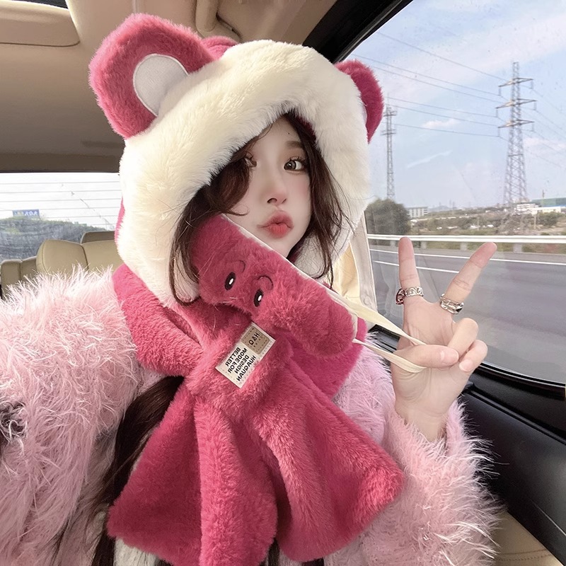 Trapper Hat Ear Flap - قبعة دب لطيفة مع وشاح مدمج