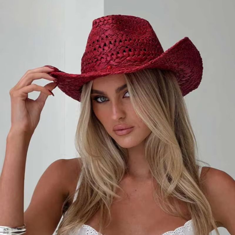قبعة رعاة البقر حمراء مرسومة ب - مراجعة Cowboy Hat Straw وسعره